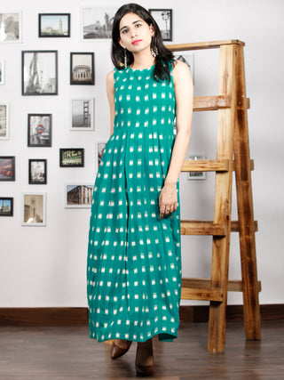 Teal Green White Long Sleeveless Handwoven Double Ikat Dress With Knife Pleats & Side Pockets - D32F1240