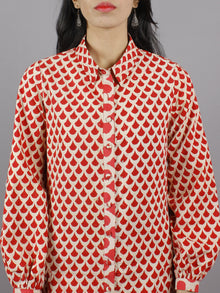 Red Ecru Hand Block Cotton Front Open Dress With Side Pleats & Shirt Collar - D4948501