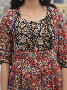 Red Beige Blue Mustard Black Hand Block Printed Cotton Dress With Box Pleats and side pockets- D70F577