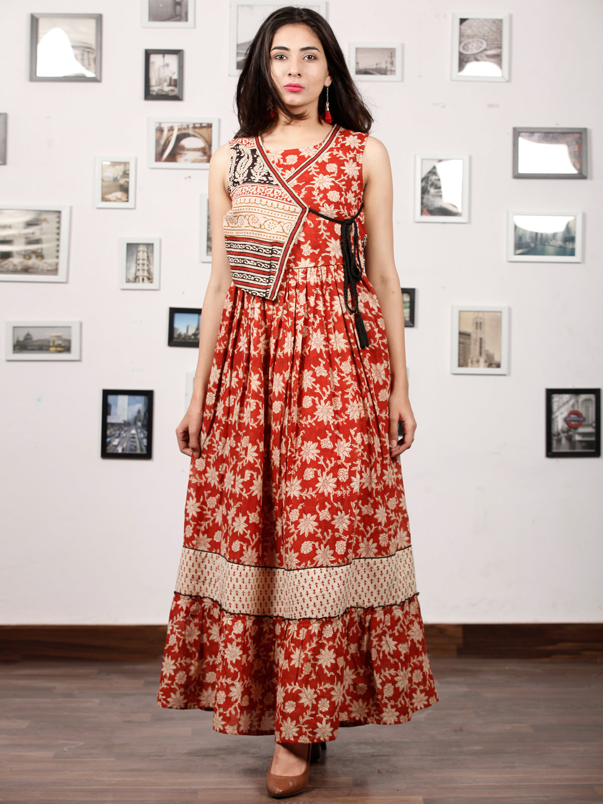 Naaz SUN FLOWER - Hand Block Printed Cotton Long Angrakha Dress - DS65F001
