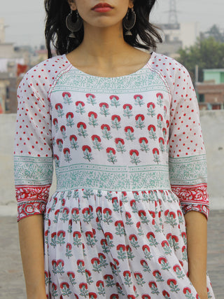 Naaz Gul - White Dark Pink Green Hand Block Printed Dress With Raglan Sleeves & Gathers -  DS34F001