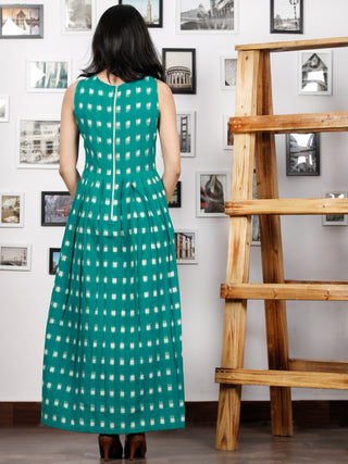 Teal Green White Long Sleeveless Handwoven Double Ikat Dress With Knife Pleats & Side Pockets - D32F1240