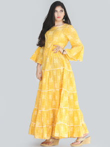Maira - Yellow Bandhani Printed Tier Long Dress With Lace Insert - D407F2204