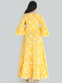 Maira - Yellow Bandhani Printed Tier Long Dress With Lace Insert - D407F2204