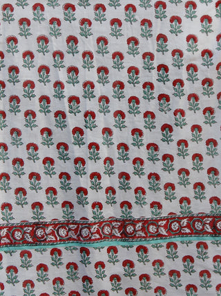 Naaz Gul - White Dark Pink Green Hand Block Printed Dress With Raglan Sleeves & Gathers -  DS34F001