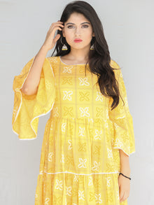 Maira - Yellow Bandhani Printed Tier Long Dress With Lace Insert - D407F2204