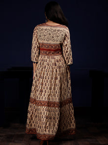 Naaz Beige Rust Blue Brown Black Hand Block Printed Long Cotton Tier Dress - DS63F001