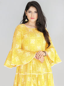 Maira - Yellow Bandhani Printed Tier Long Dress With Lace Insert - D407F2204