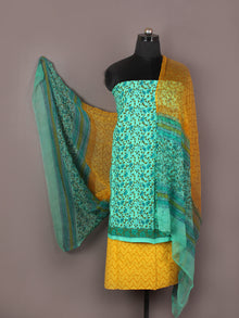Mint Green Yellow Blue Hand Block Printed Cotton Suit-Salwar Fabric With Chiffon Dupatta - S1628171