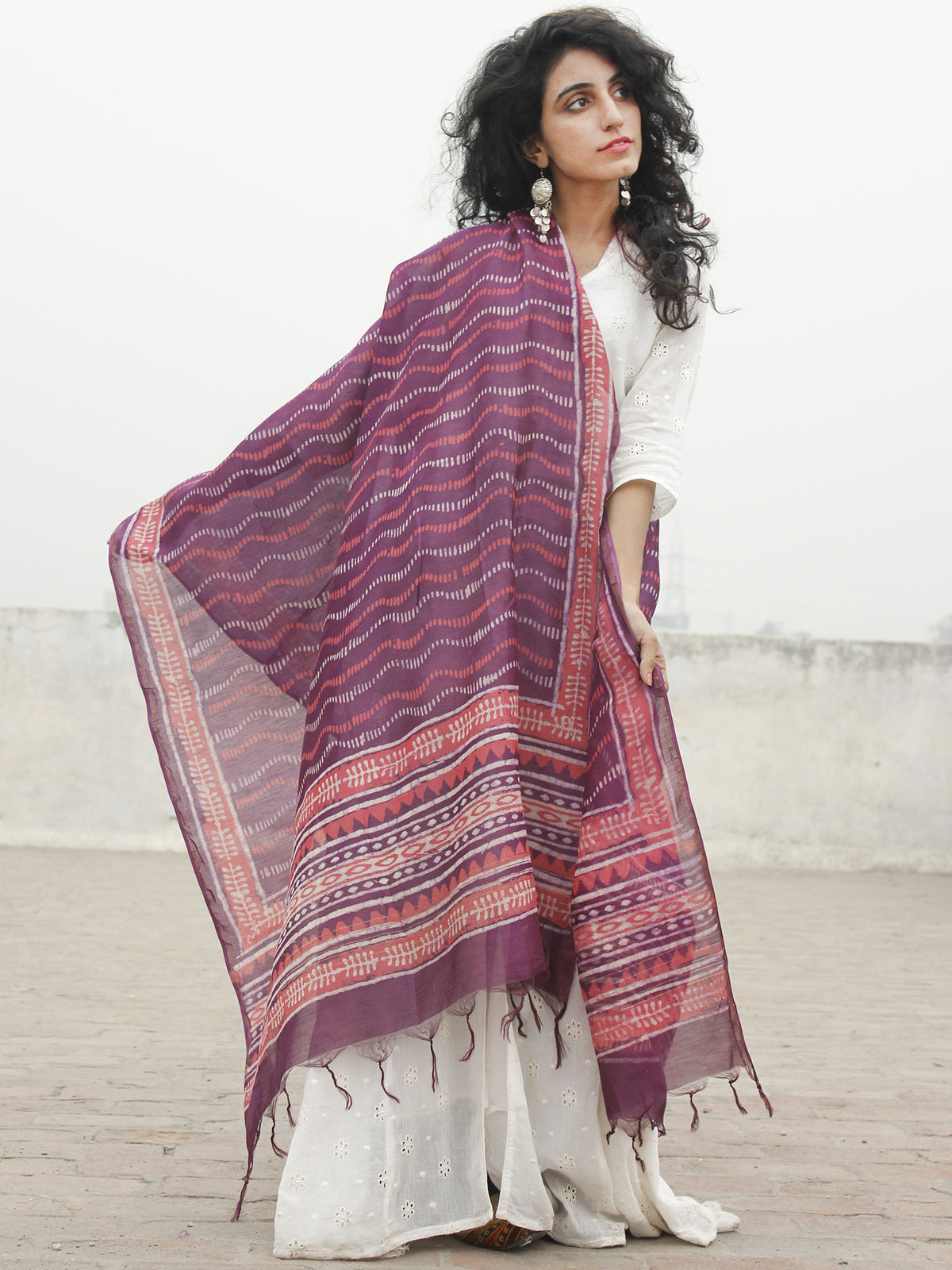 Purple Red Ivory Chanderi Hand Black Printed & Hand Painted Dupatta - D04170264