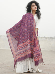 Purple Red Ivory Chanderi Hand Black Printed & Hand Painted Dupatta - D04170264