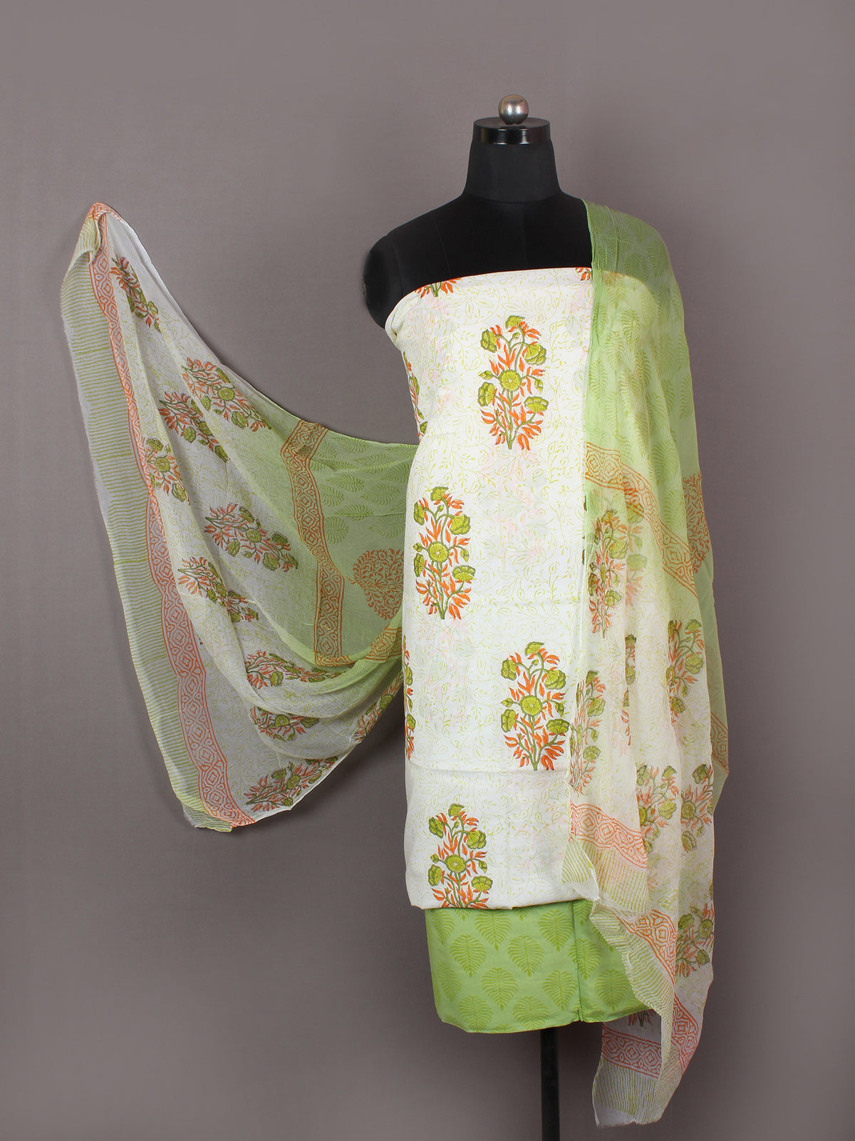 Ivory Mint Green Orange Hand Block Printed Cotton Suit-Salwar Fabric With Chiffon Dupatta - S1628172