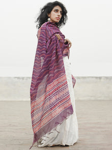 Purple Red Ivory Chanderi Hand Black Printed & Hand Painted Dupatta - D04170264