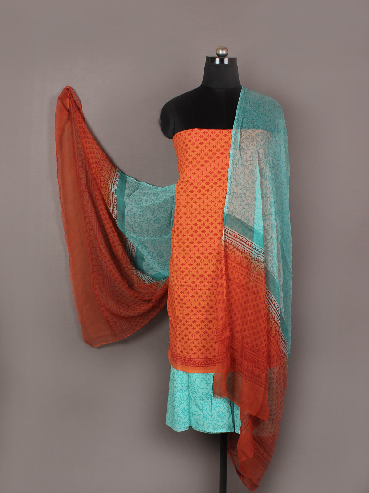 Fire Orange Maroon Arctic Blue Hand Block Printed Cotton Suit-Salwar Fabric With Chiffon Dupatta - S1628173