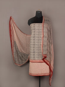 Beige Black Rust Red Hand Block Printed Cotton Suit-Salwar Fabric With Chiffon Dupatta - S1628174