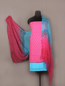 Pink Red Arctic Blue Hand Block Printed Cotton Suit-Salwar Fabric With Chiffon Dupatta - S1628175