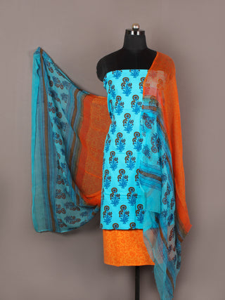 Arctic Blue Brown Orange Red Hand Block Printed Cotton Suit-Salwar Fabric With Chiffon Dupatta - S1628176
