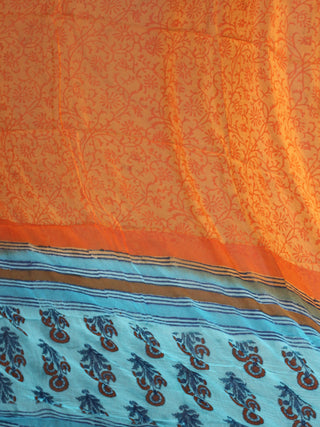 Arctic Blue Brown Orange Red Hand Block Printed Cotton Suit-Salwar Fabric With Chiffon Dupatta - S1628176
