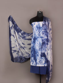 Indigo Ivory Hand Shibori Dyed Cotton Suit-Salwar Fabric With Chiffon Dupatta - S1628177