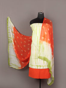 Mint Green Ivory Red Orange Hand Shibori Dyed Cotton Suit-Salwar Fabric With Chiffon Dupatta - S1628179