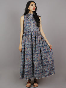 Indigo Red Black Ivory Long Sleeveless Ajrakh Printed Cotton Dress With Pleats & Side Pockets - D3348301