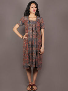 Indigo Maroon Brown Ajrakh Printed Front Pleated Cotton Dress - D1847701