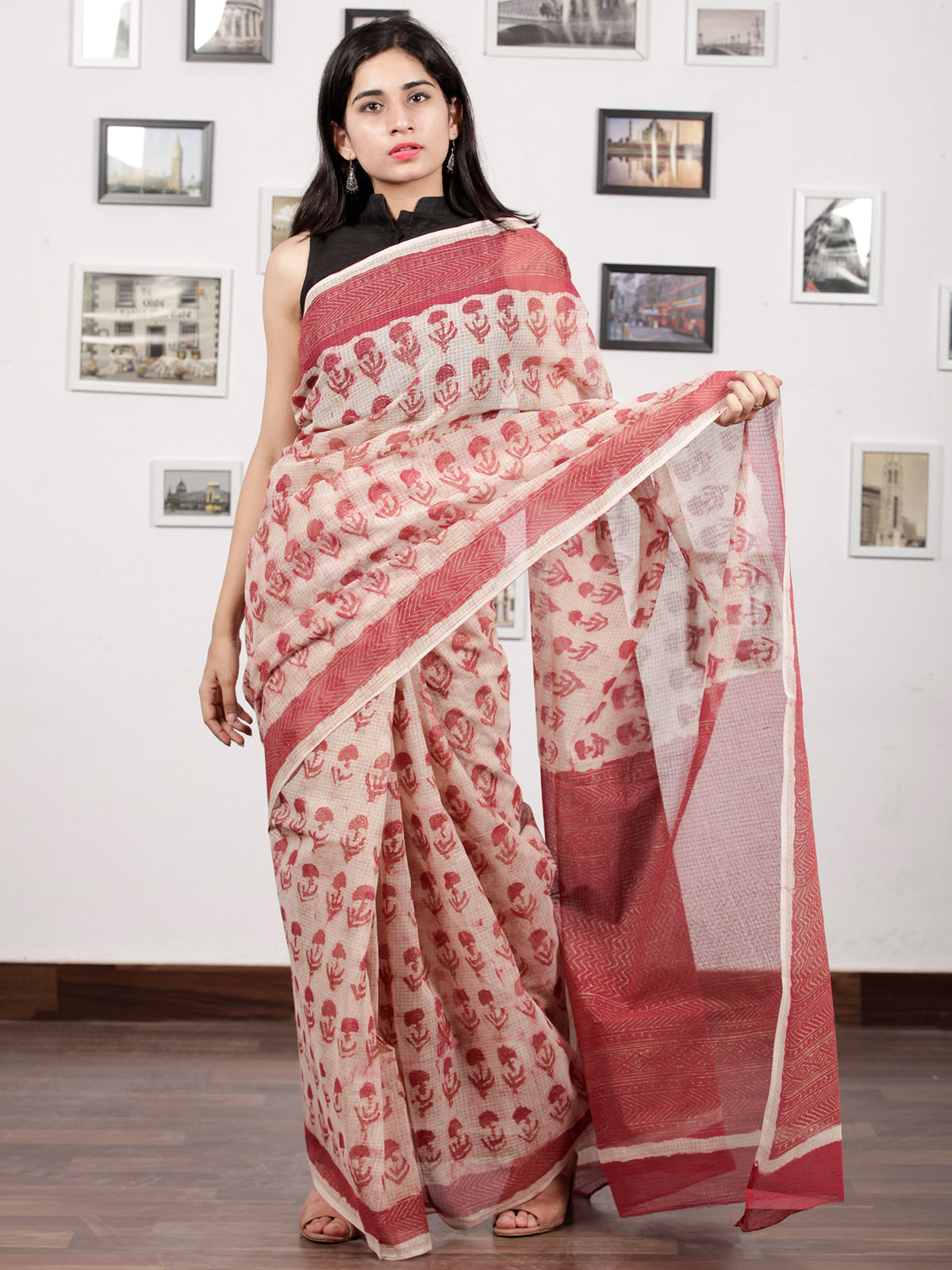 Beige Cherry Red Hand Block Printed Kota Doria Saree With Golden Highlighting - S031703139