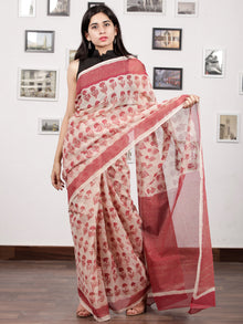 Beige Cherry Red Hand Block Printed Kota Doria Saree With Golden Highlighting - S031703139