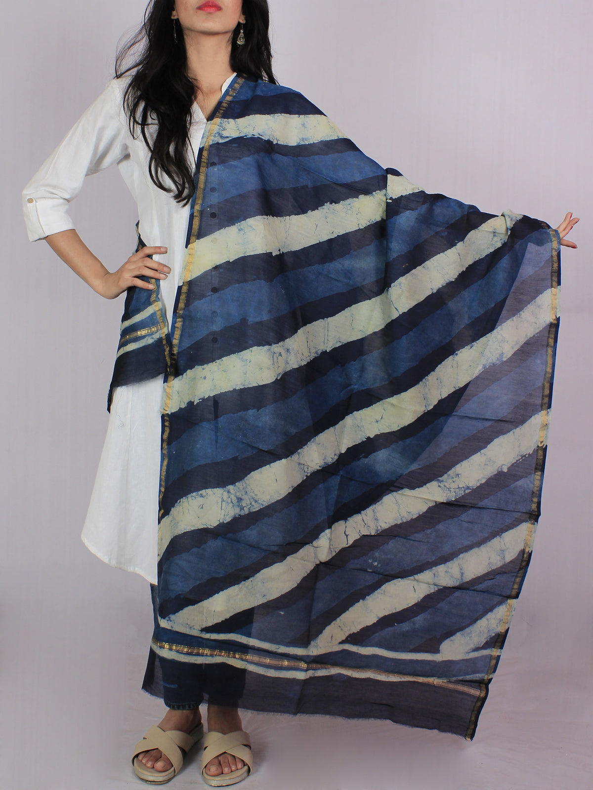 Indigo Blue Ivory Chanderi Hand Black Printed Dupatta - D04170120