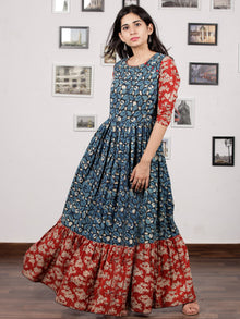 Indigo Black Red White Hand Block Printed Long Cotton Tier Dress - D220F1313