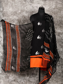 Black Orange White Grey Hand Block Printed Cotton Suit-Salwar Fabric With Chiffon Dupatta (Set of 3) - SU01HB329