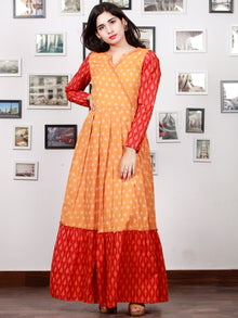 Yellow Red Orange Handloom Mercerised Ikat Long Cotton Tier Dress With Gathers - D169F1287