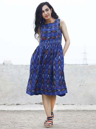 Royal Blue Mustard Ivory Ikat Sleeveless Dress With Gathers & Side Pockets -  D68F753