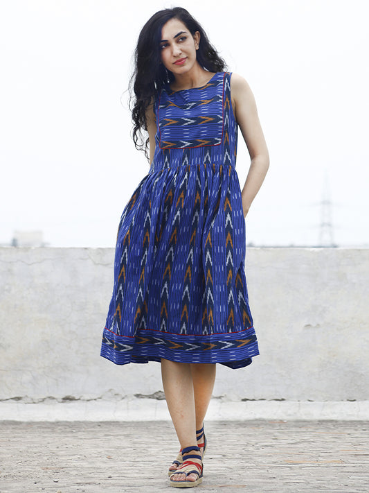 Royal Blue Mustard Ivory Ikat Sleeveless Dress With Gathers & Side Pockets -  D68F753