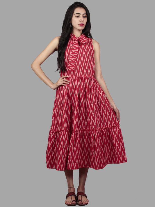 Red White Midi Sleeveless Handwoven Ikat Tier Dress With Pussy Cat Bow Neck - D5065402