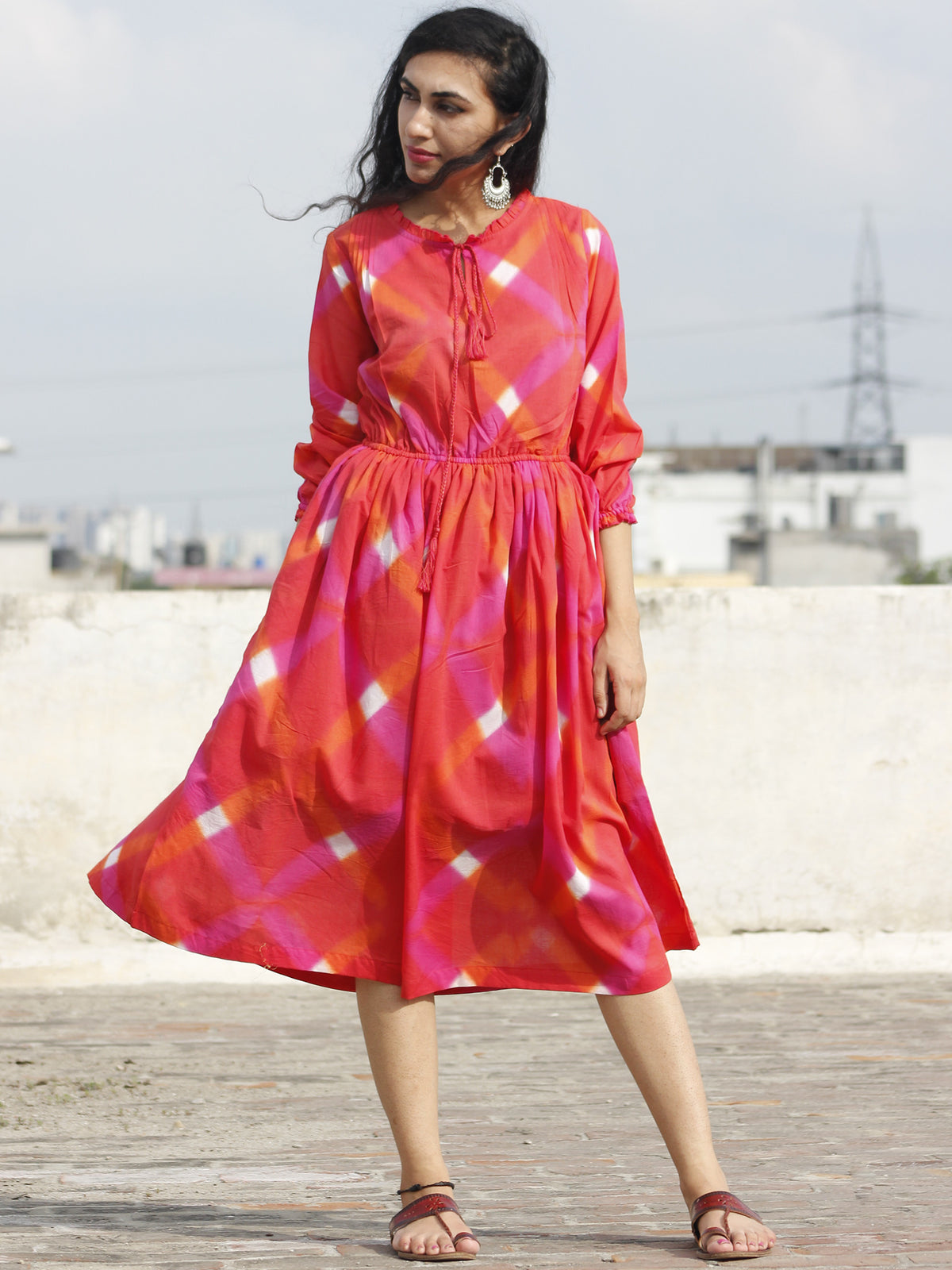 Naaz Red Orange Pink White Tie Dye Dress With Elasticated Waist And Peasant Sleeves - DS21F001