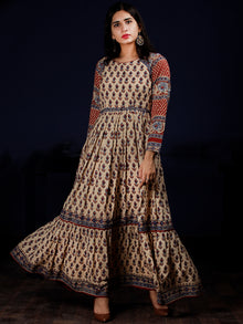 Naaz Aissa - Beige Indigo Red Hand Block Printed Long Cotton Raglan Sleeves Dress - DS64F001