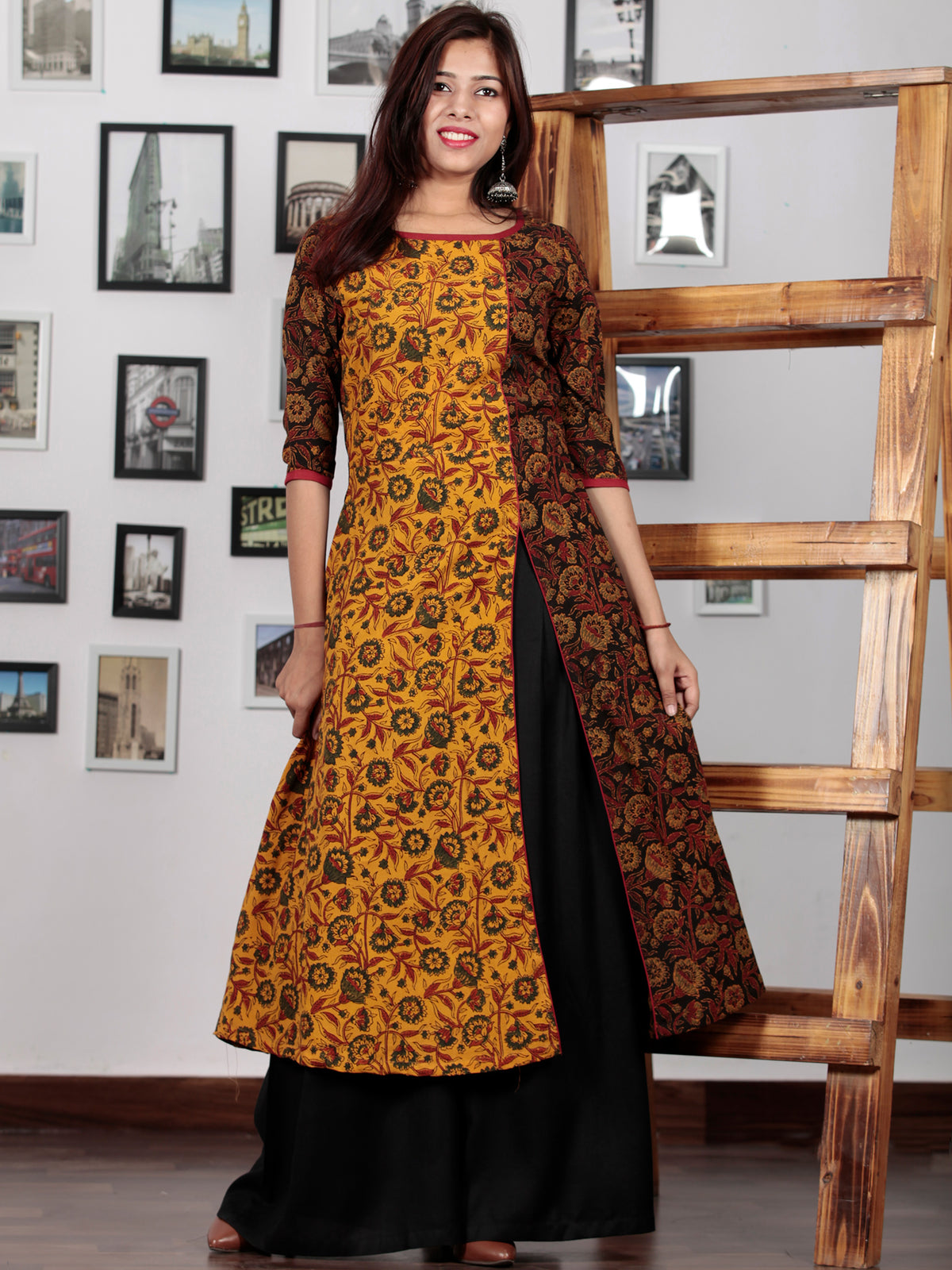Yellow Maroon Black Green Ajrakh Hand Block Printed Kurta With Front Slit - K61BP0146