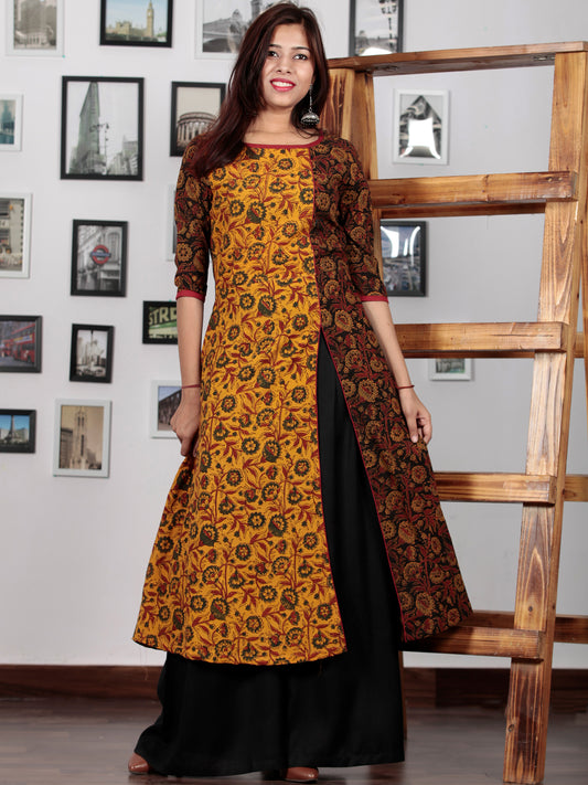 Yellow Maroon Black Green Ajrakh Hand Block Printed Kurta With Front Slit - K61BP0146