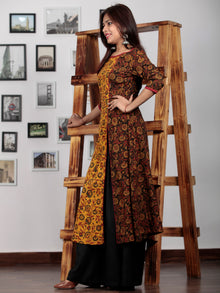 Yellow Maroon Black Green Ajrakh Hand Block Printed Kurta With Front Slit - K61BP0146
