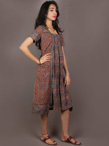 Indigo Maroon Brown Ajrakh Printed Front Pleated Cotton Dress - D1847701