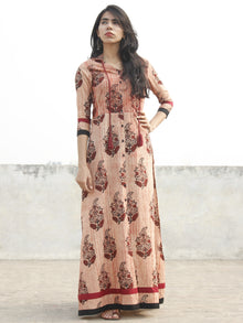 Beige Maroon Black Hand Blocked Cotton Long Dress With Stand Collar  - D165F1156