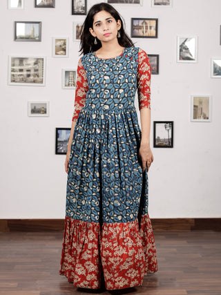 Indigo Black Red White Hand Block Printed Long Cotton Tier Dress - D220F1313