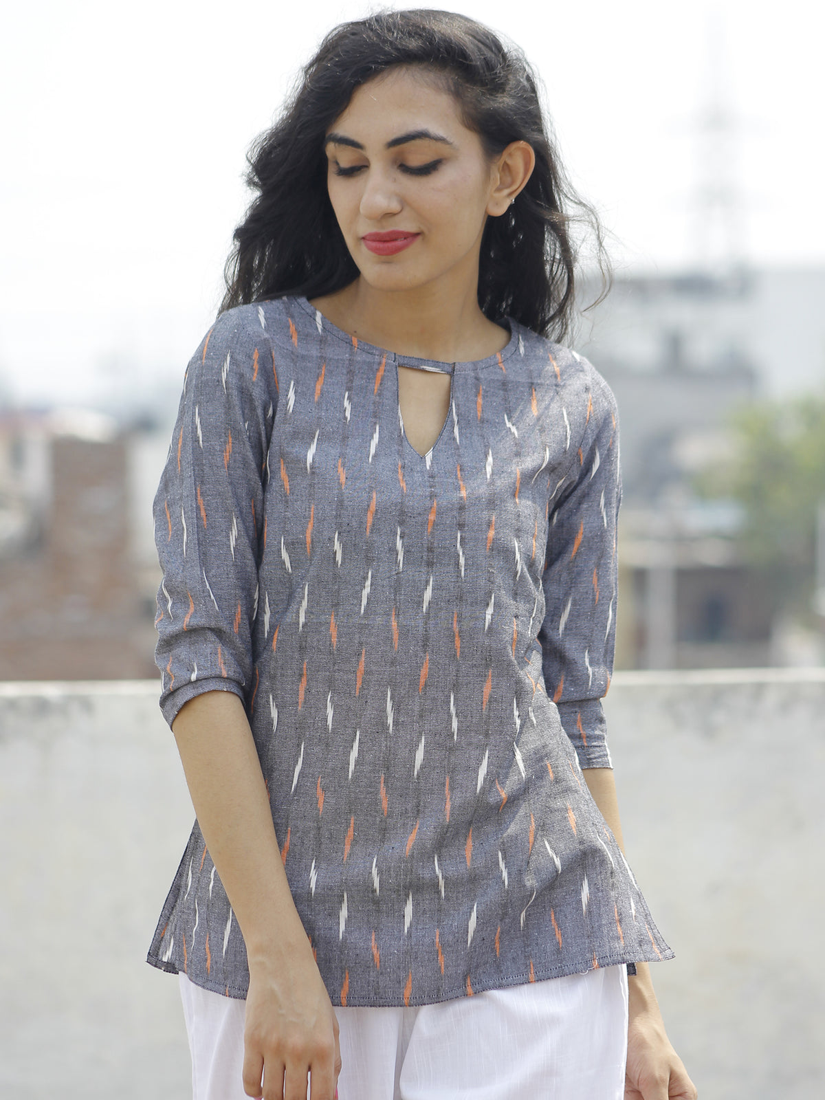 Grey Peach White Hand Woven Ikat Top  - T19F671