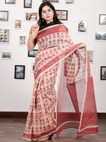 Beige Cherry Red Hand Block Printed Kota Doria Saree With Golden Highlighting - S031703139