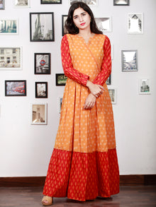 Yellow Red Orange Handloom Mercerised Ikat Long Cotton Tier Dress With Gathers - D169F1287