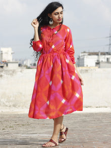 Naaz Red Orange Pink White Tie Dye Dress With Elasticated Waist And Peasant Sleeves - DS21F001