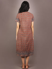 Indigo Maroon Brown Ajrakh Printed Front Pleated Cotton Dress - D1847701