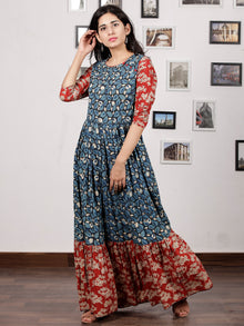 Indigo Black Red White Hand Block Printed Long Cotton Tier Dress - D220F1313