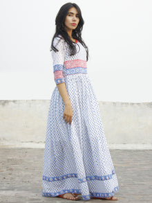 Naaz  Chandni - White Red Blue Hand Block Printed Dress With Gathers-  DS36F001